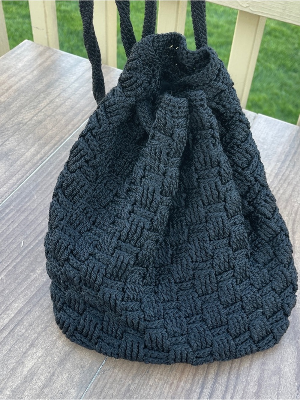 THE SAK Black Crochet Bucket Bag Backpack Drawstring Tote Purse Boho Hippie - Picture 2 of 6